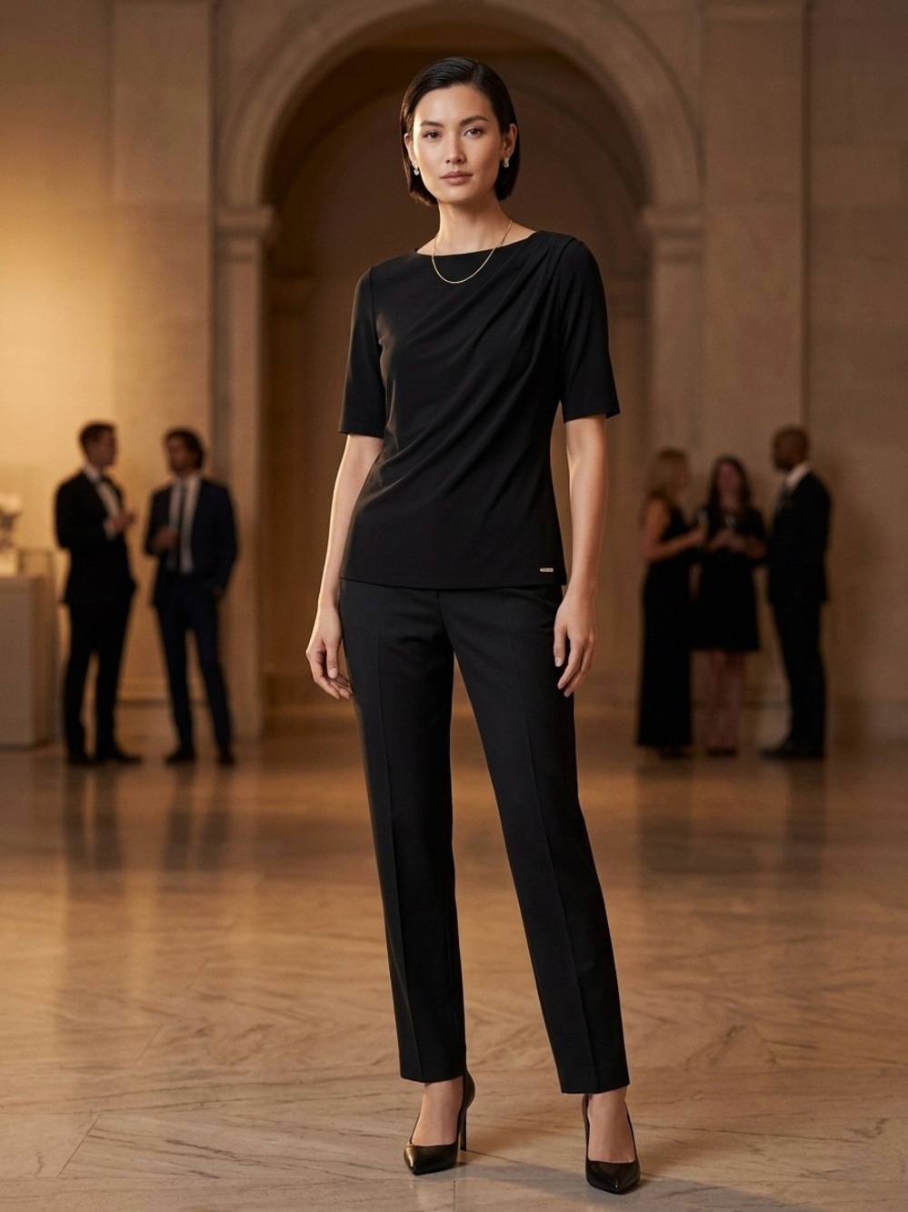 Calvin Klein Black Short-Sleeve Draped Neck Top